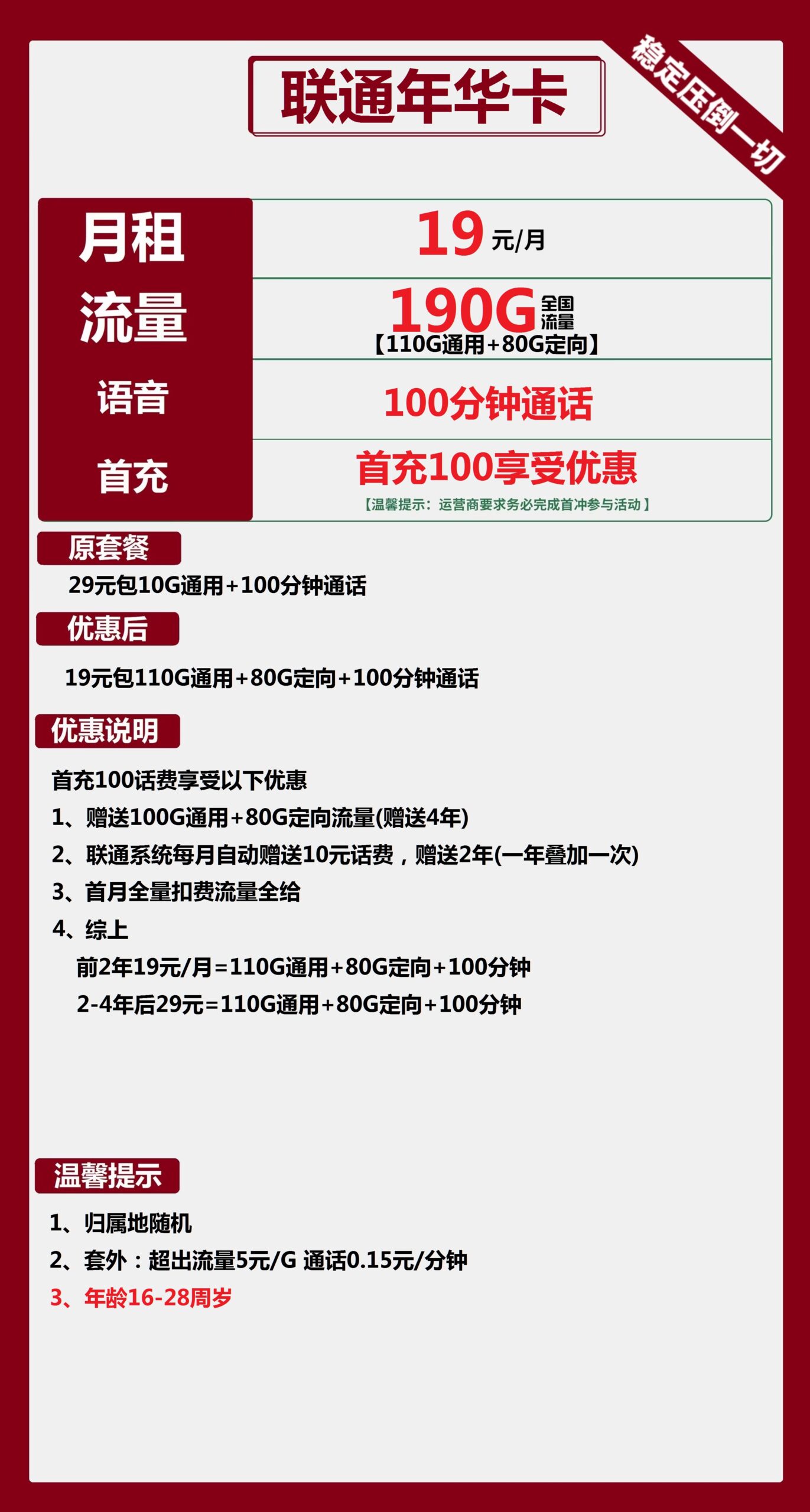 联通年华卡19元月包110G通用流量+80G定向流量+100分钟通话