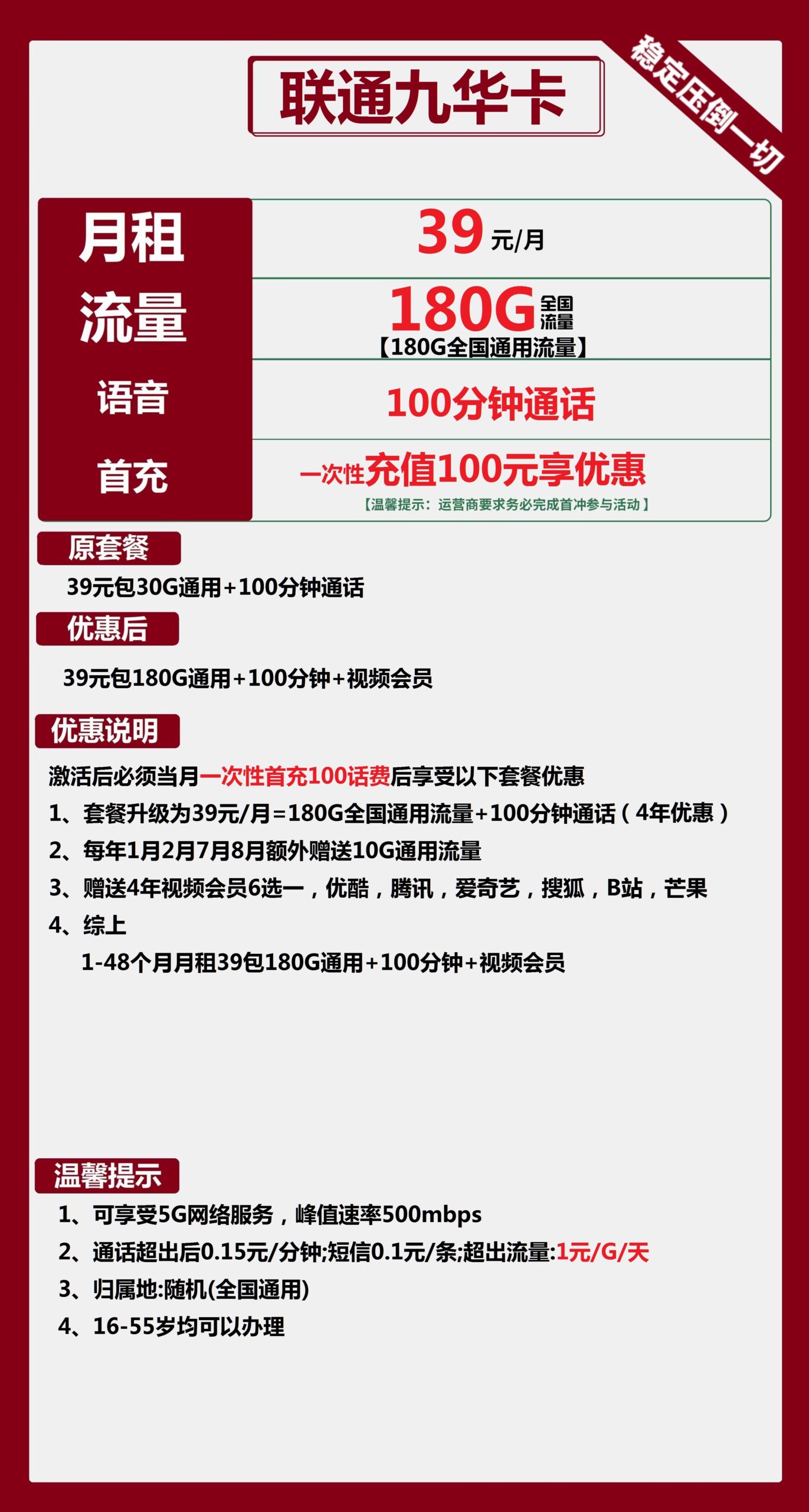 联通九华卡39元月包180G通用流量+100分钟通话+视频会员
