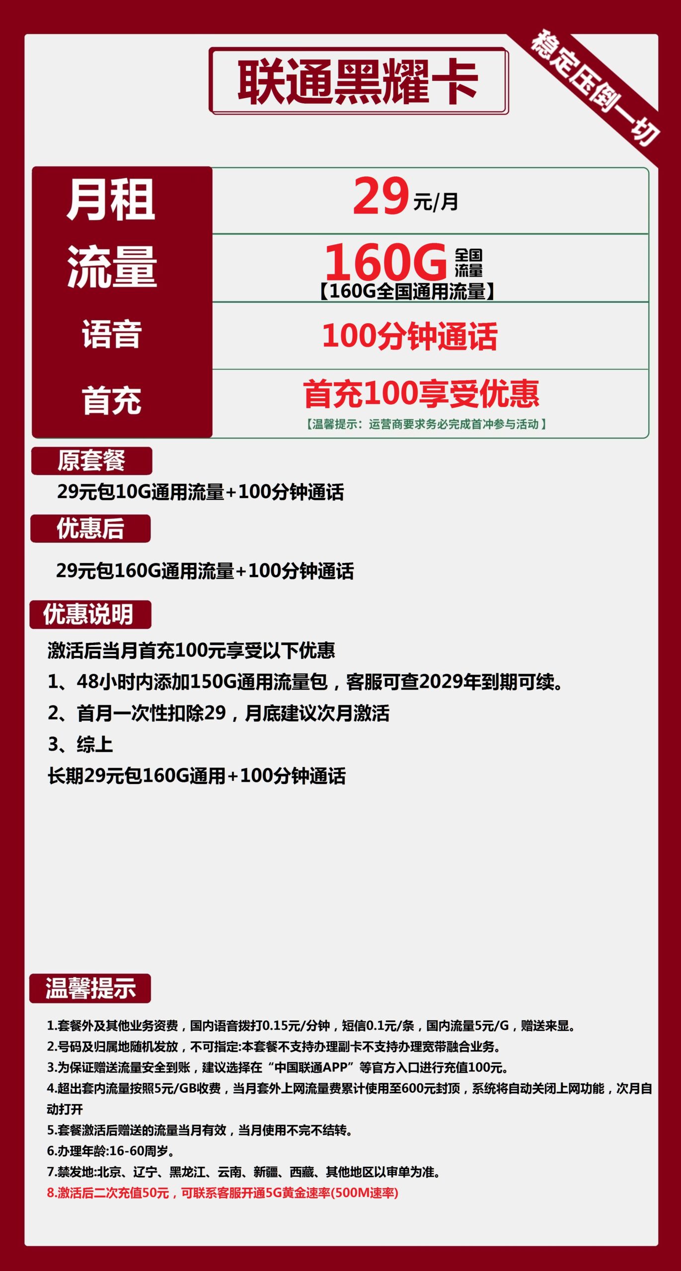 联通黑耀卡新29元月包160G通用流量+100分钟通话