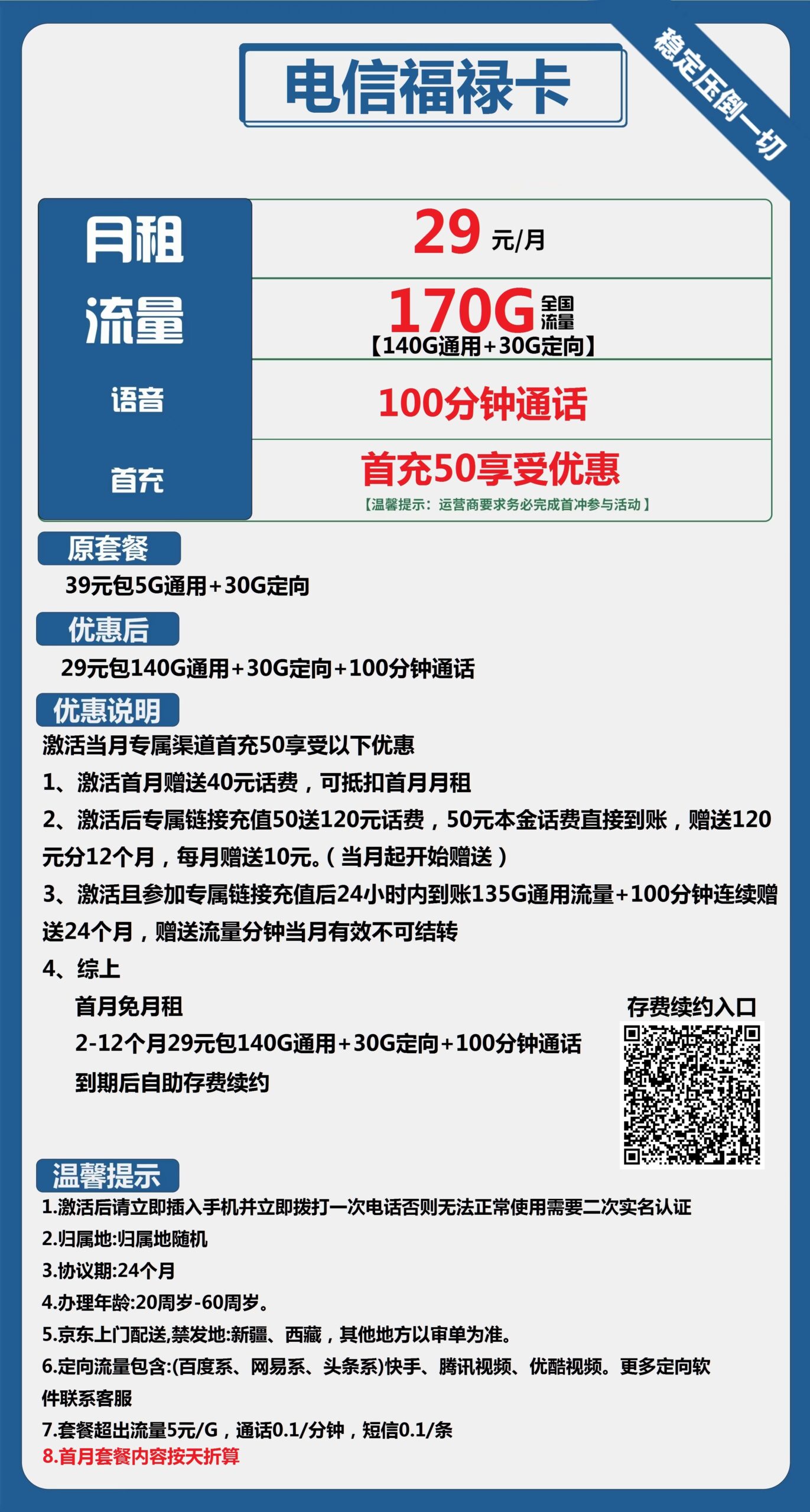 电信福禄卡29元月包140G通用流量+30G定向流量+100分钟通话