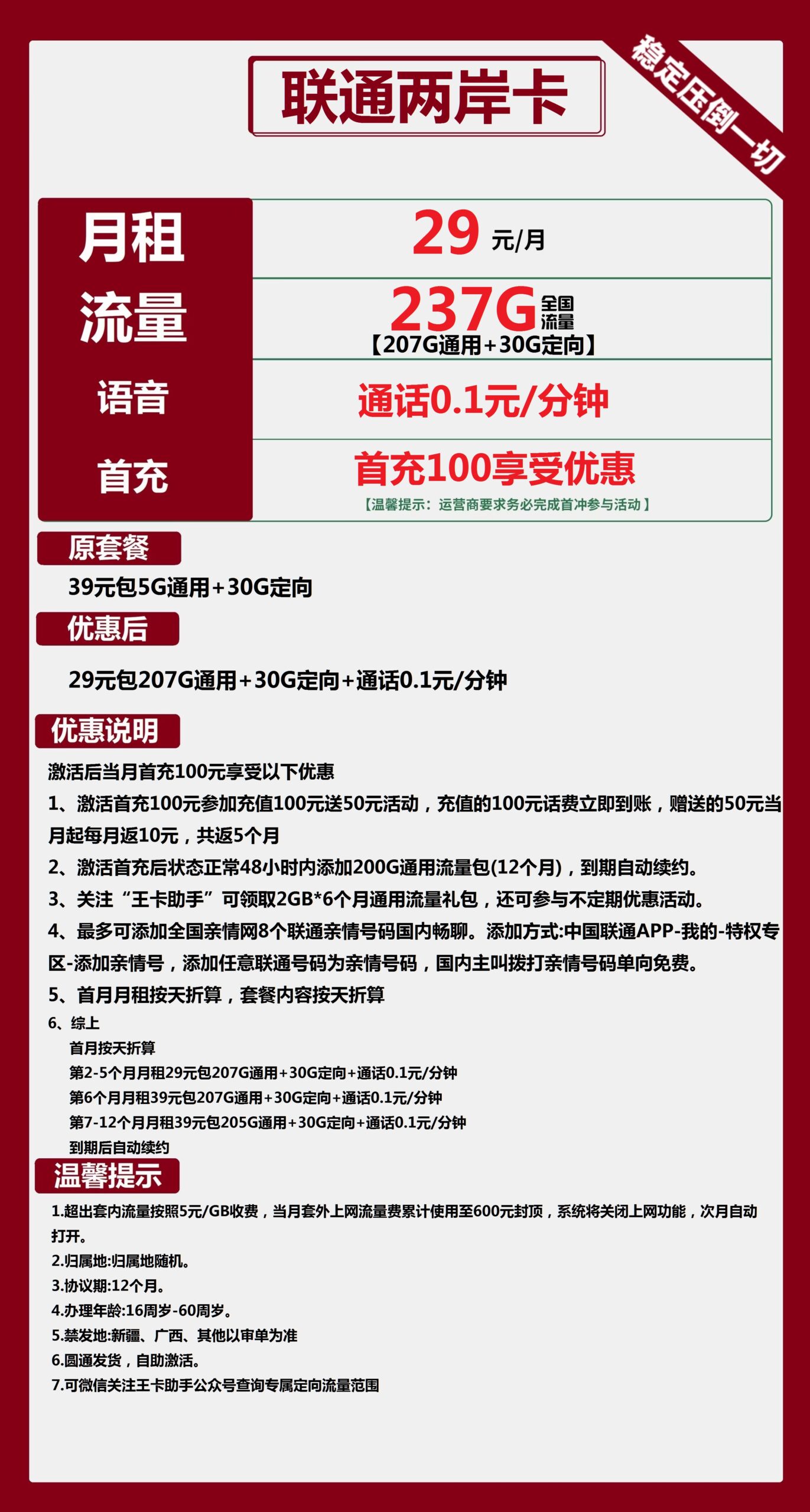 联通两岸卡29元月包207G通用流量+30G定向流量+通话0.1元/分钟