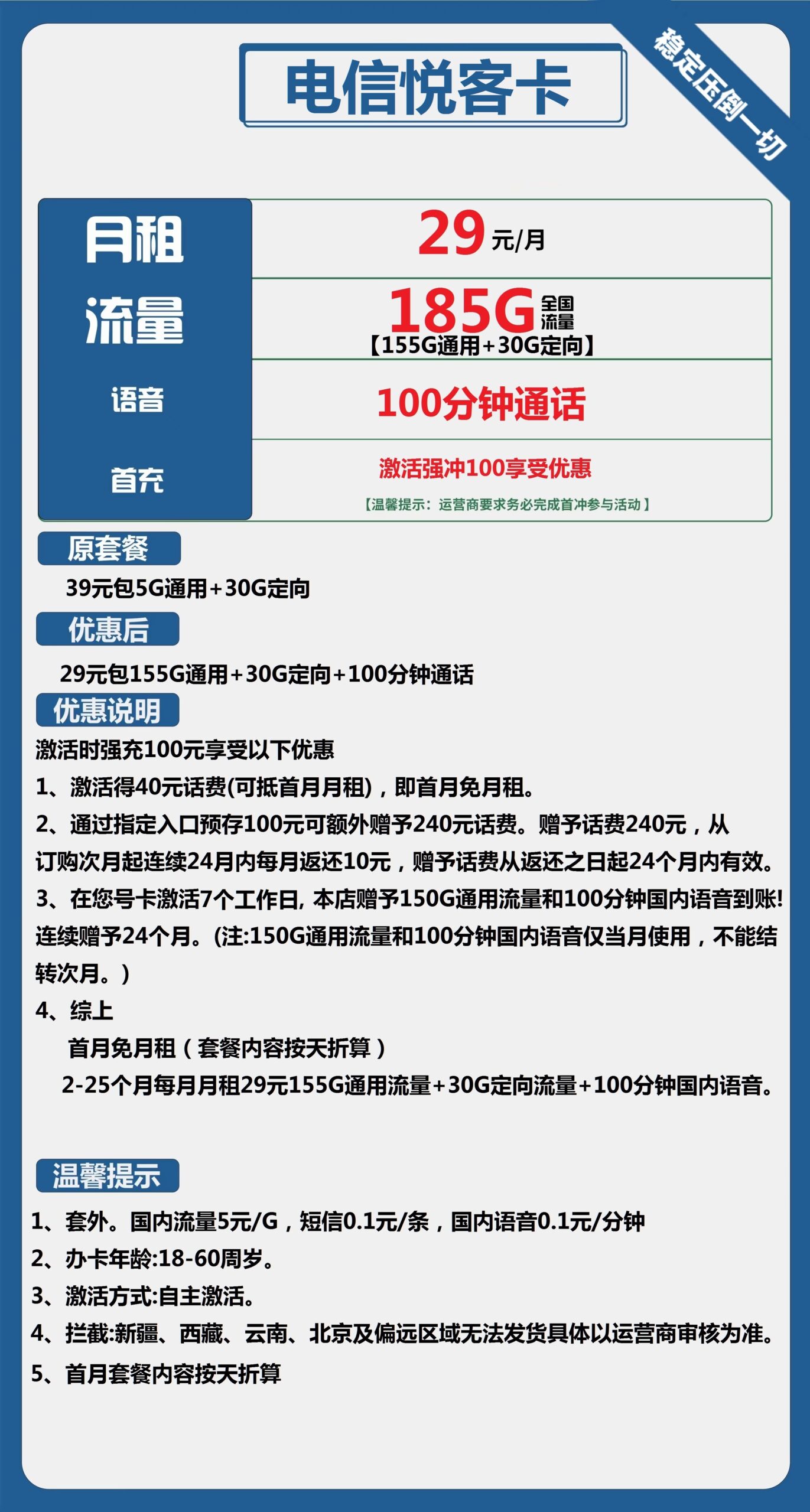 电信悦客卡29元月包155G通用流量+30G定向流量+100分钟通话