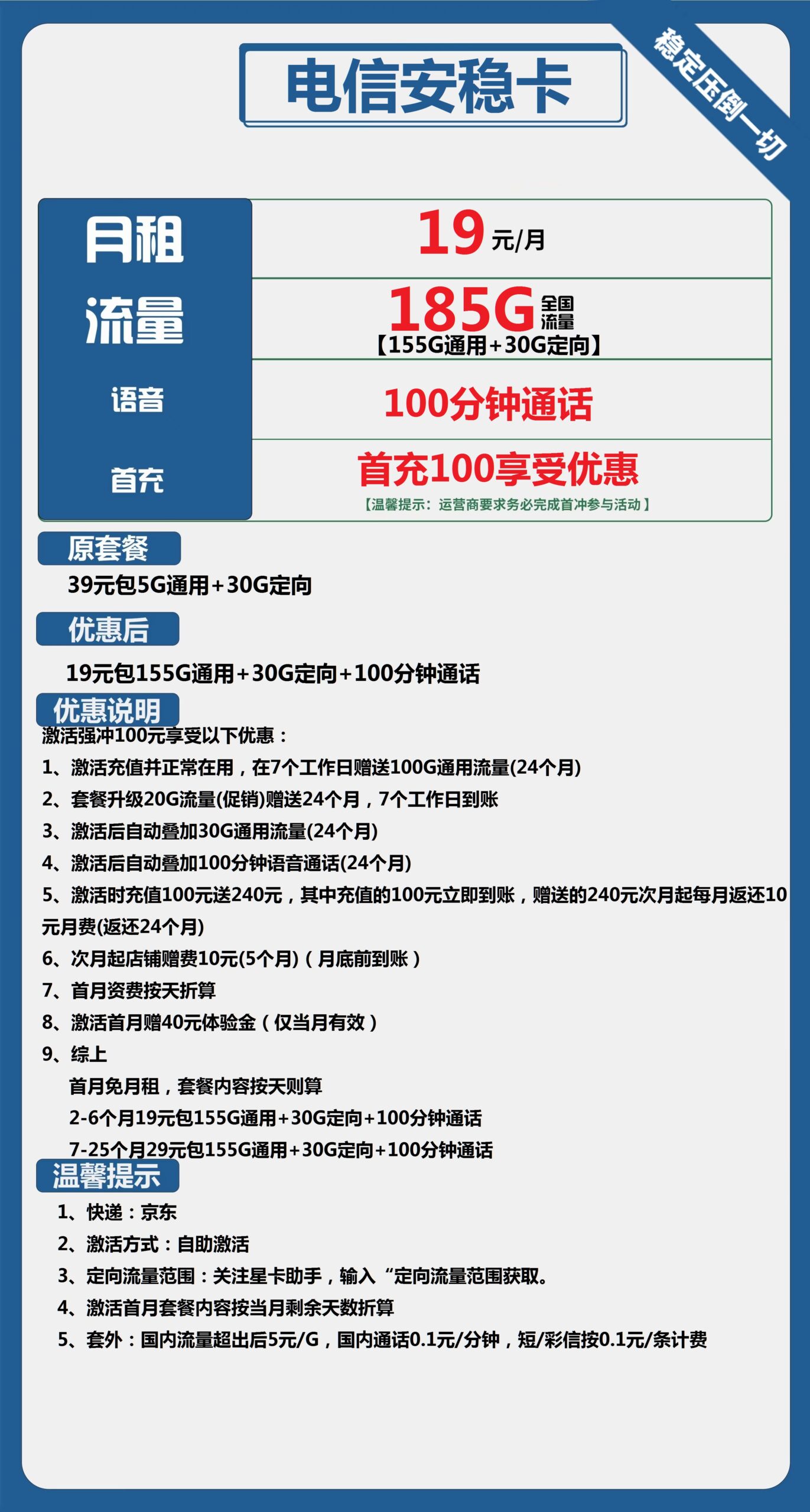 电信安稳卡19元月包155G通用流量+30G定向流量+100分钟通话