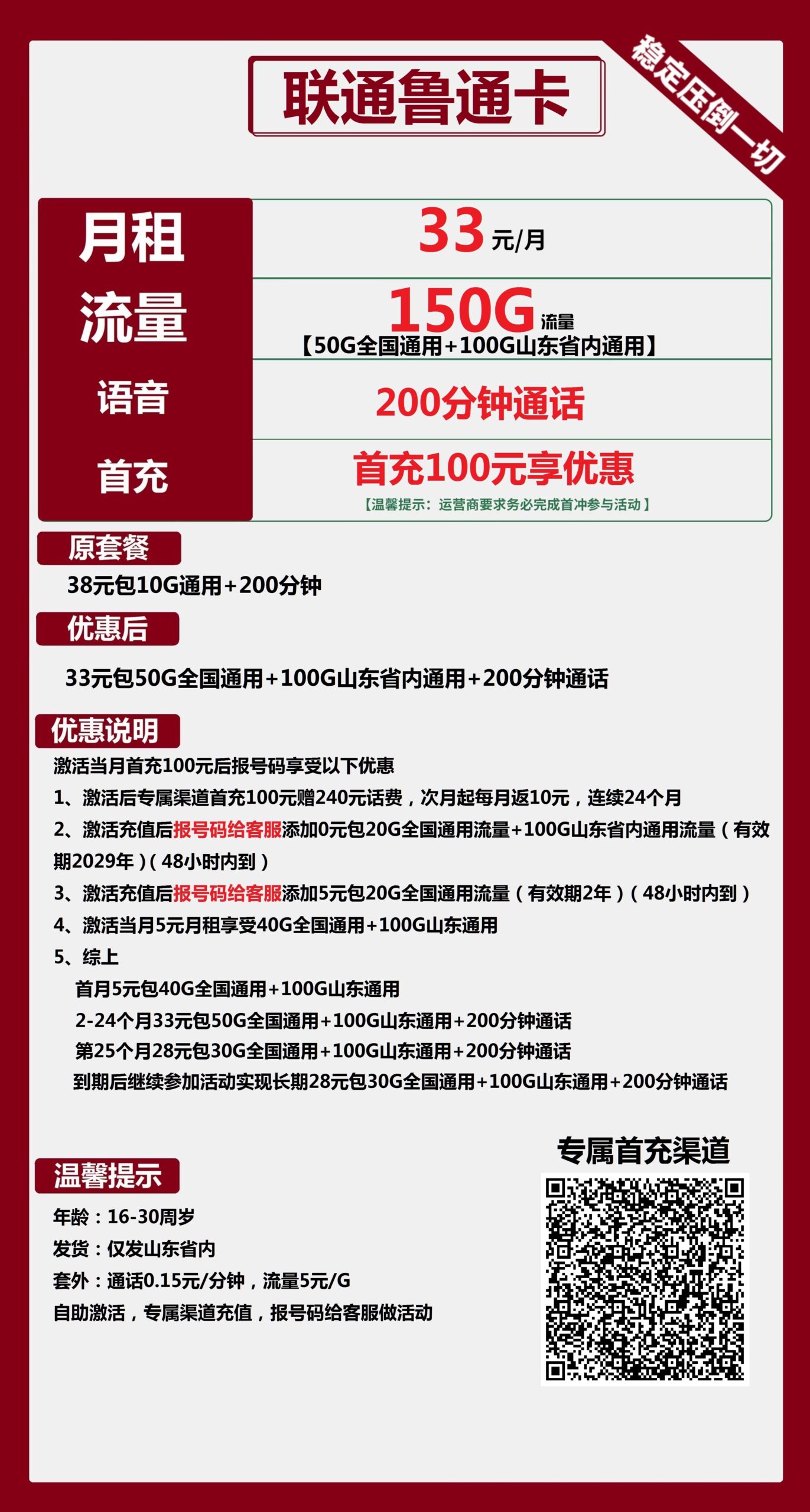 联通鲁通卡33元月包50G全国通用+100G山东通用+200分钟通话