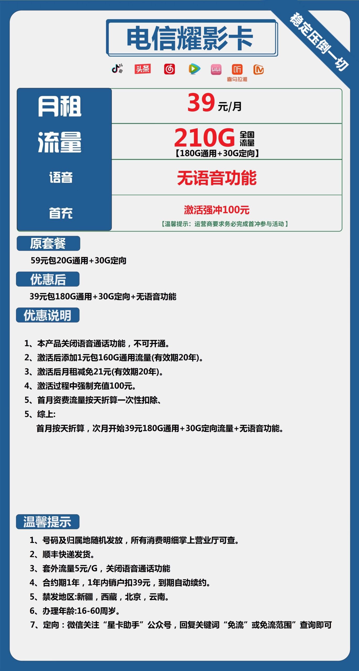 电信耀影卡39元月包180G通用流量+30G定向流量+纯流量卡