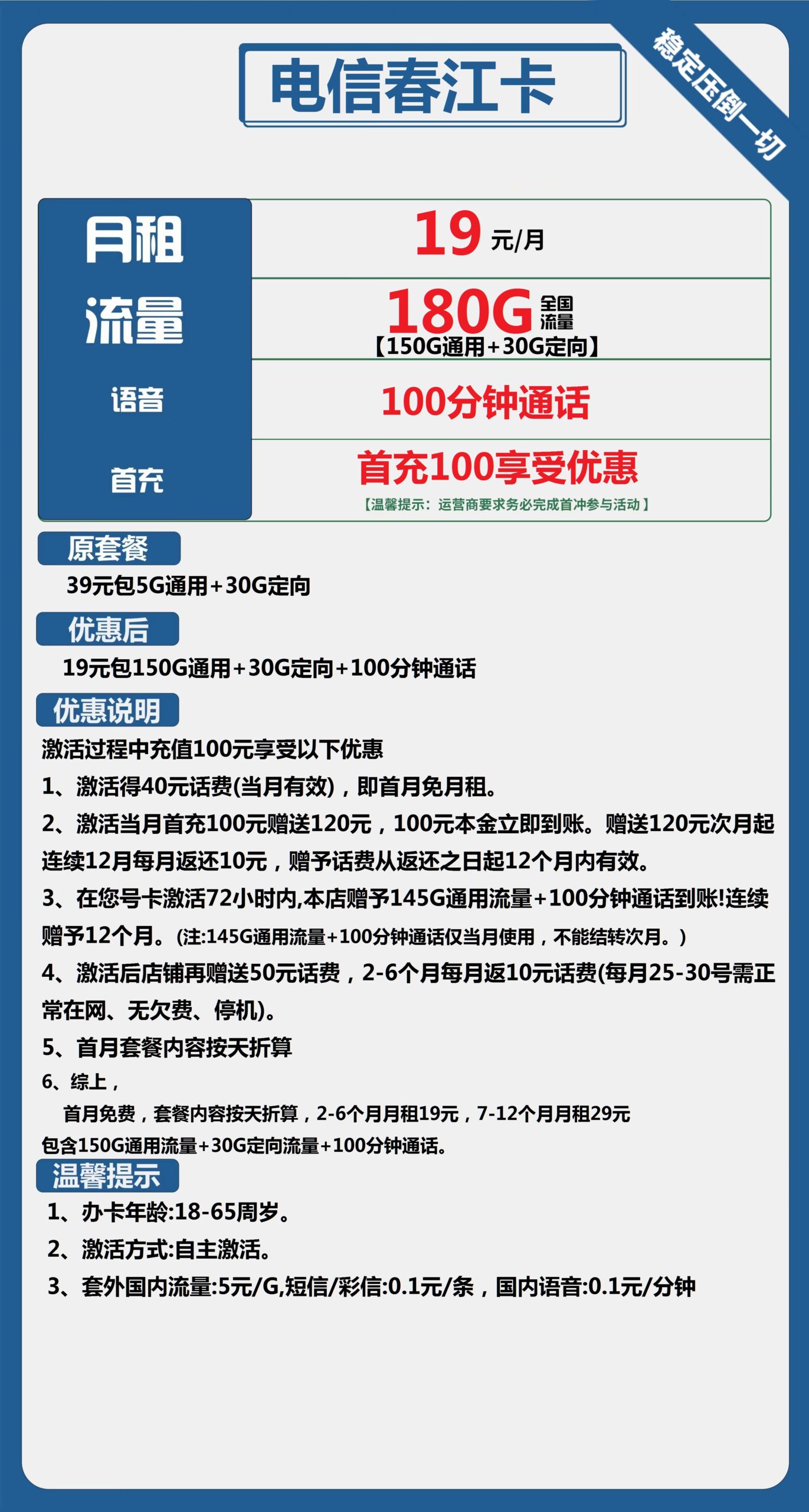 电信春江卡19元月包150G通用流量+30G定向流量+100分钟通话