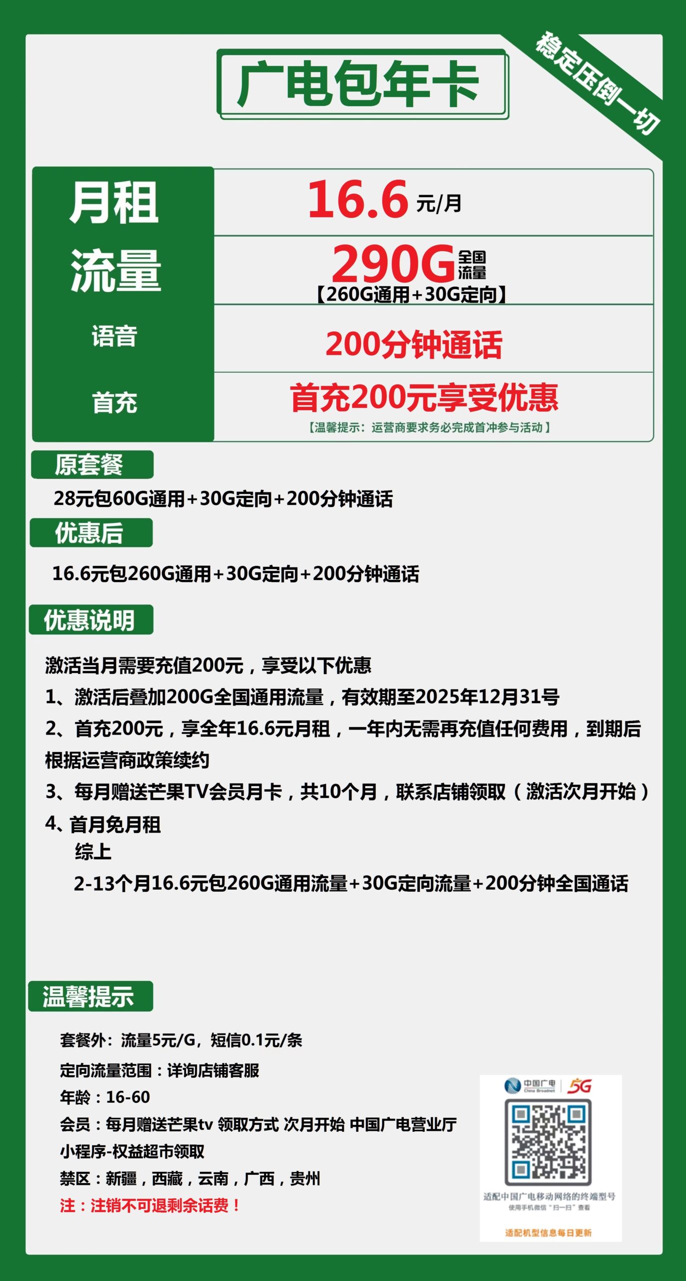 广电包年卡16.6元月包260G通用流量+30G定向流量+200分钟通话