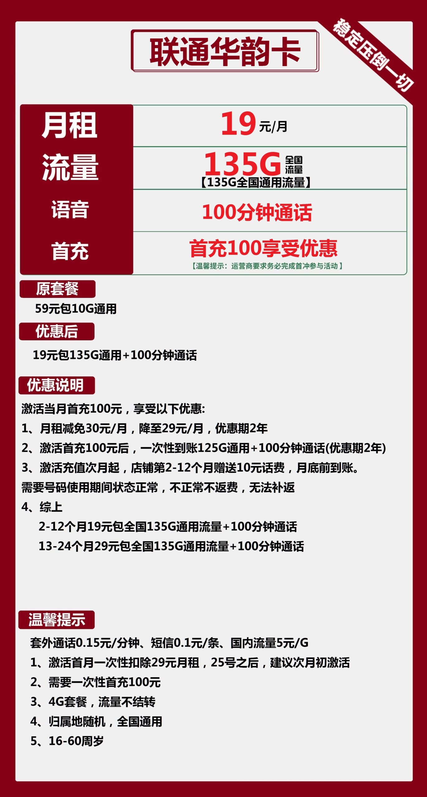 联通华韵卡19元月包135G通用流量+100分钟通话