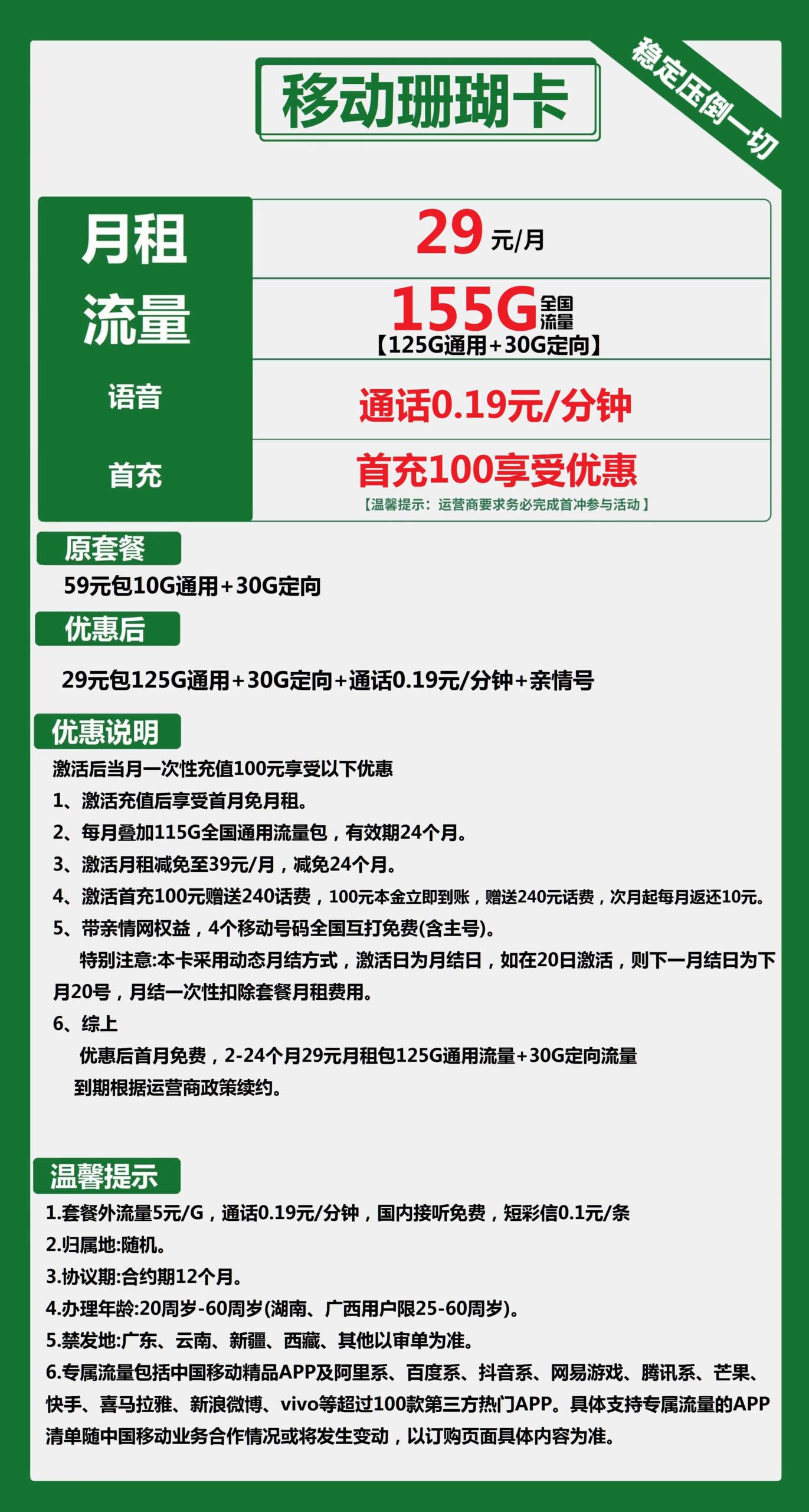 移动珊瑚卡29元月包125G通用流量+30G定向流量+4个移动亲情网