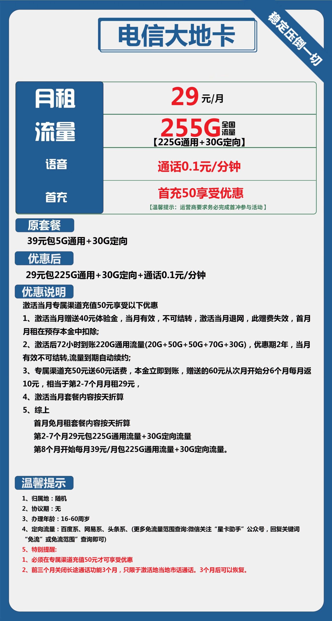 电信大地卡29元月包225G通用流量+30G定向流量 长期套餐