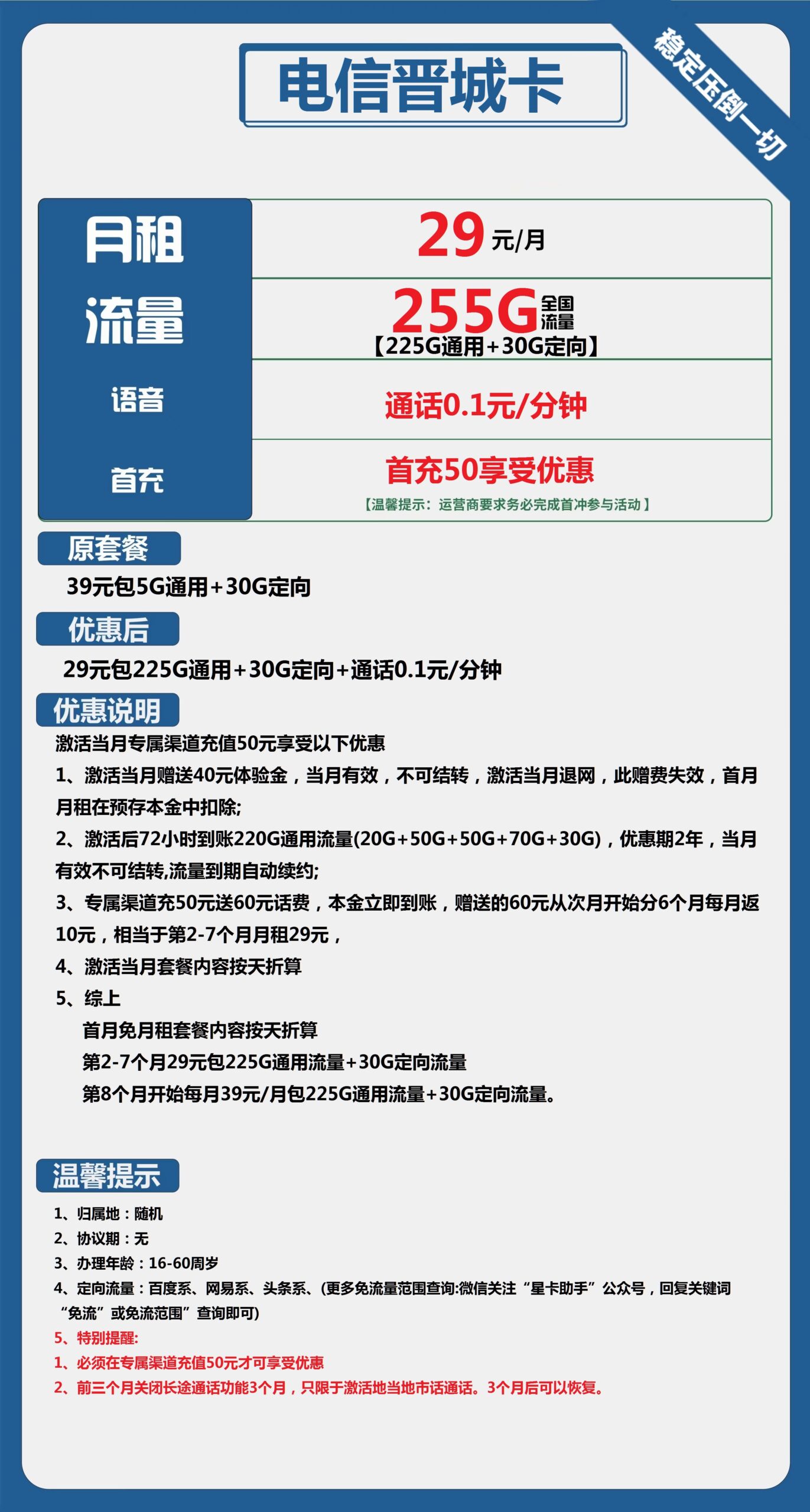 电信晋城卡29元月包225G通用流量+30G定向流量+通话0.1元/分钟