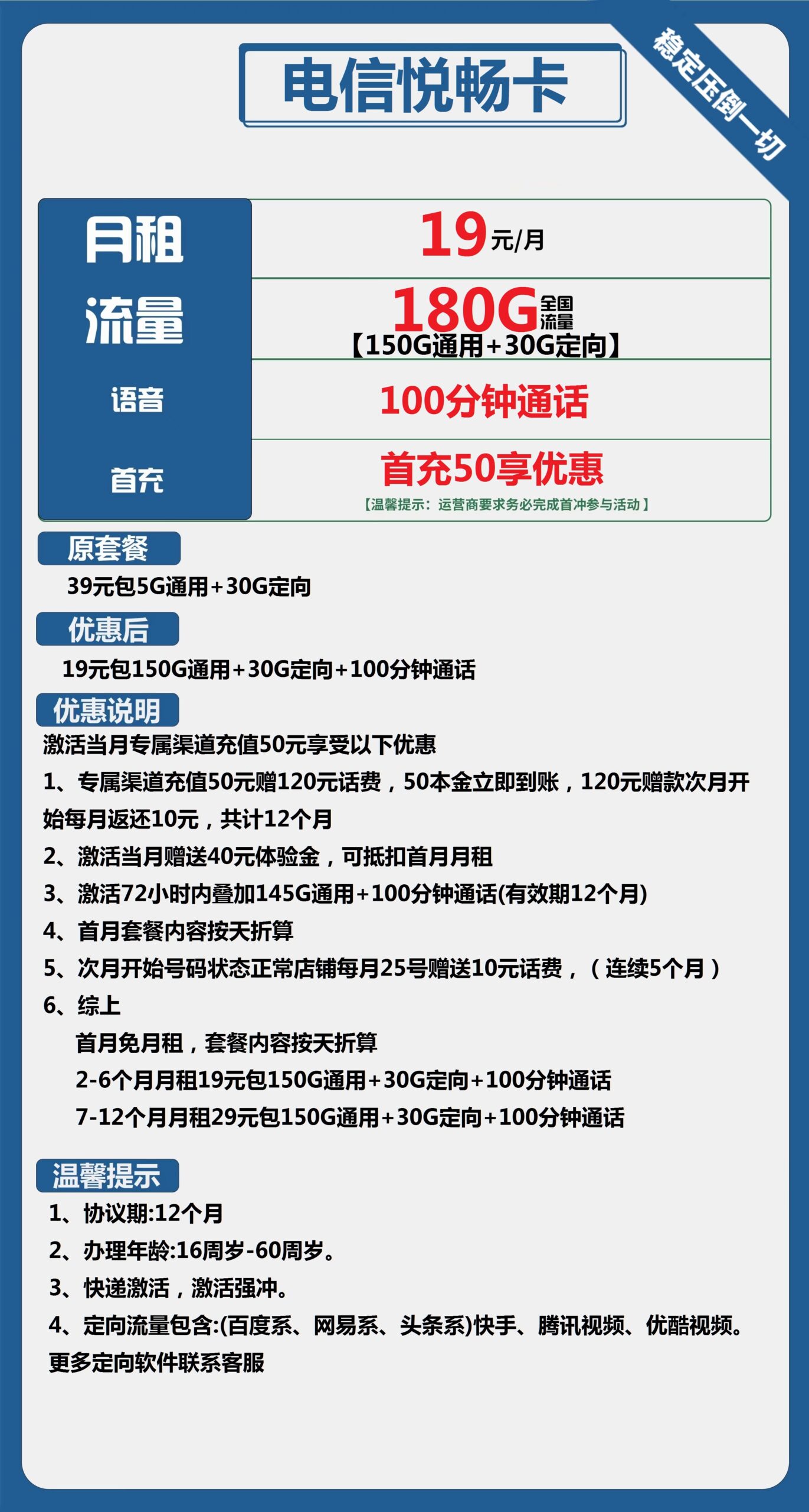 电信悦畅卡19元月包150G通用流量+30G定向流量+100分钟通话