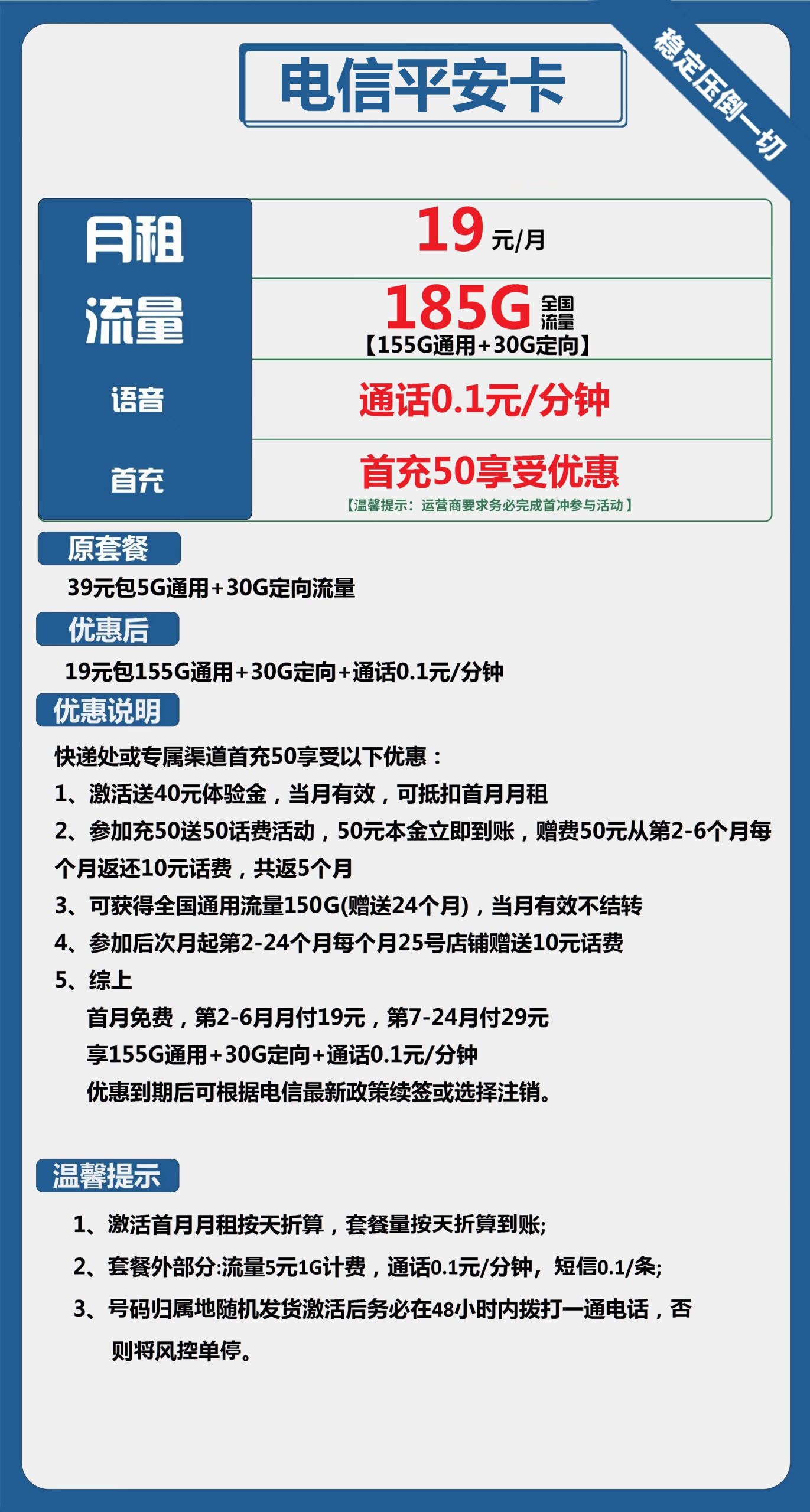 电信平安卡19元月包155G通用流量+30G定向流量+通话0.1元/分钟