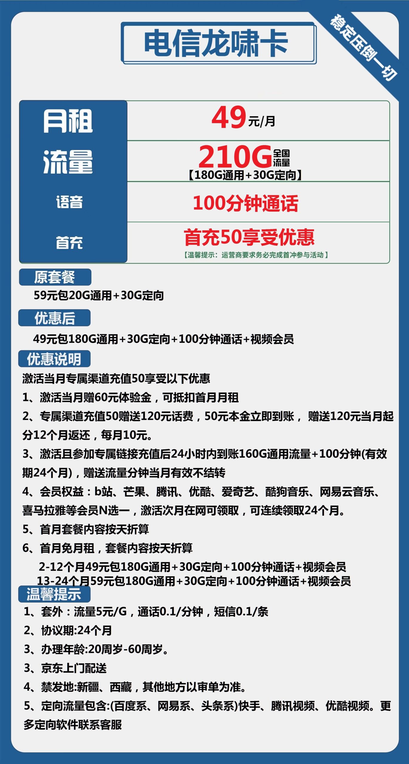 电信龙啸卡49元月包180G通用流量+30G定向+100分钟通话+视频会员