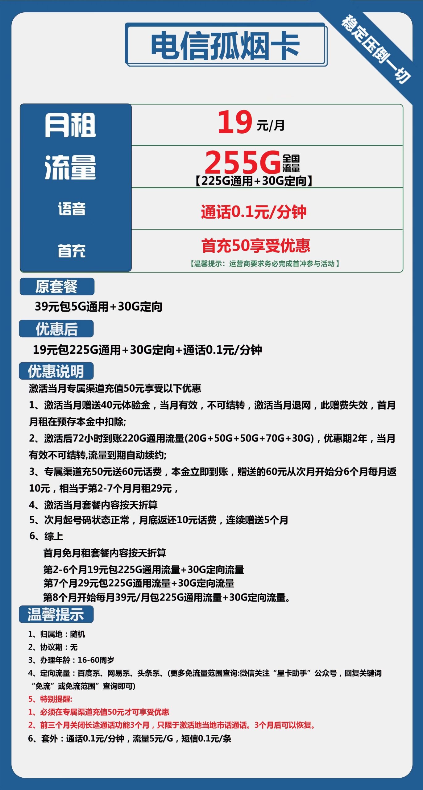 电信孤烟卡19元月包225G通用流量+30G定向流量 低月租大流量