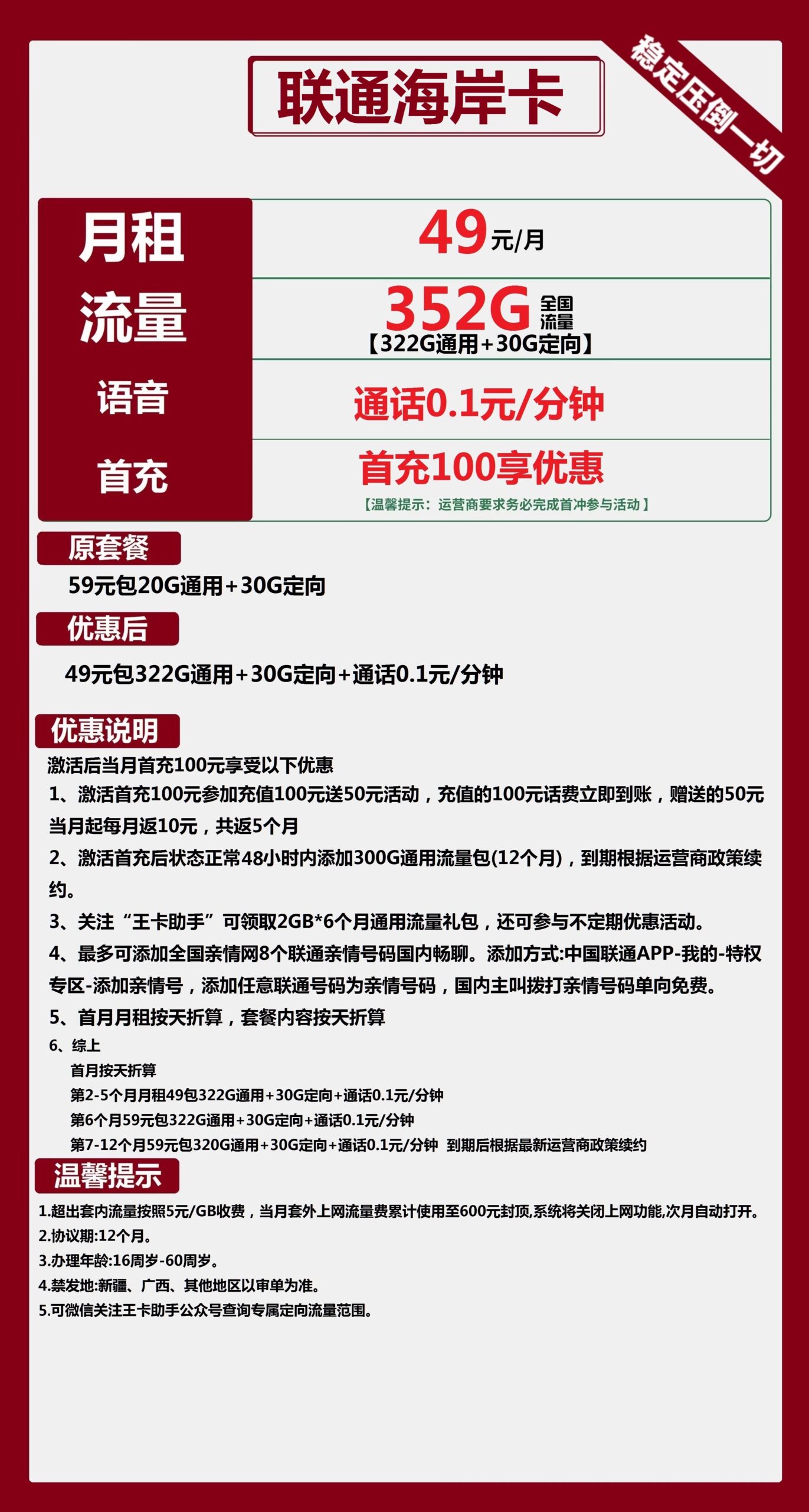 联通海岸卡新49元月包322G通用流量+30G定向流量+通话0.1元/分钟