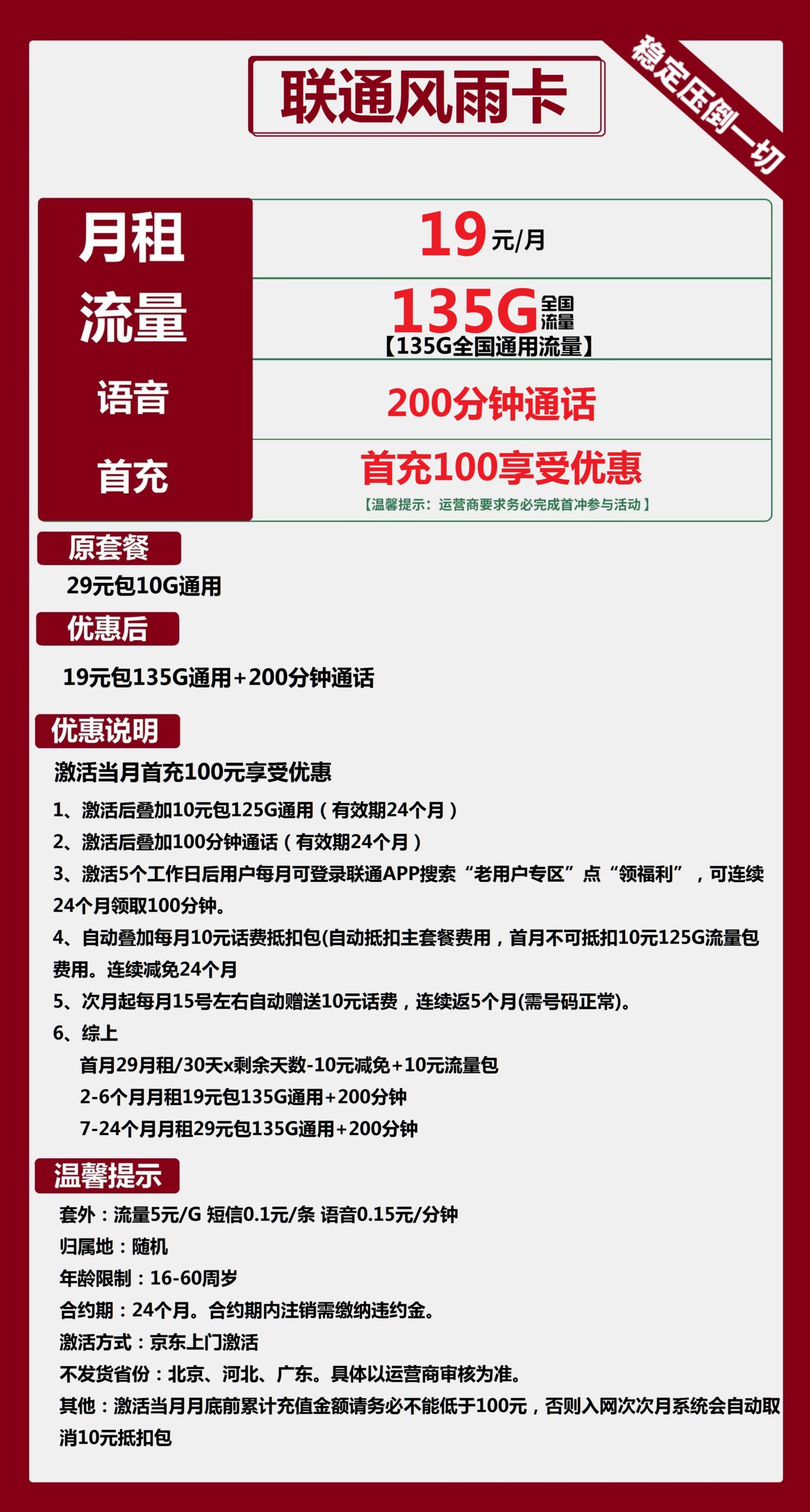 联通风雨卡19元月包135G通用流量+200分钟通话
