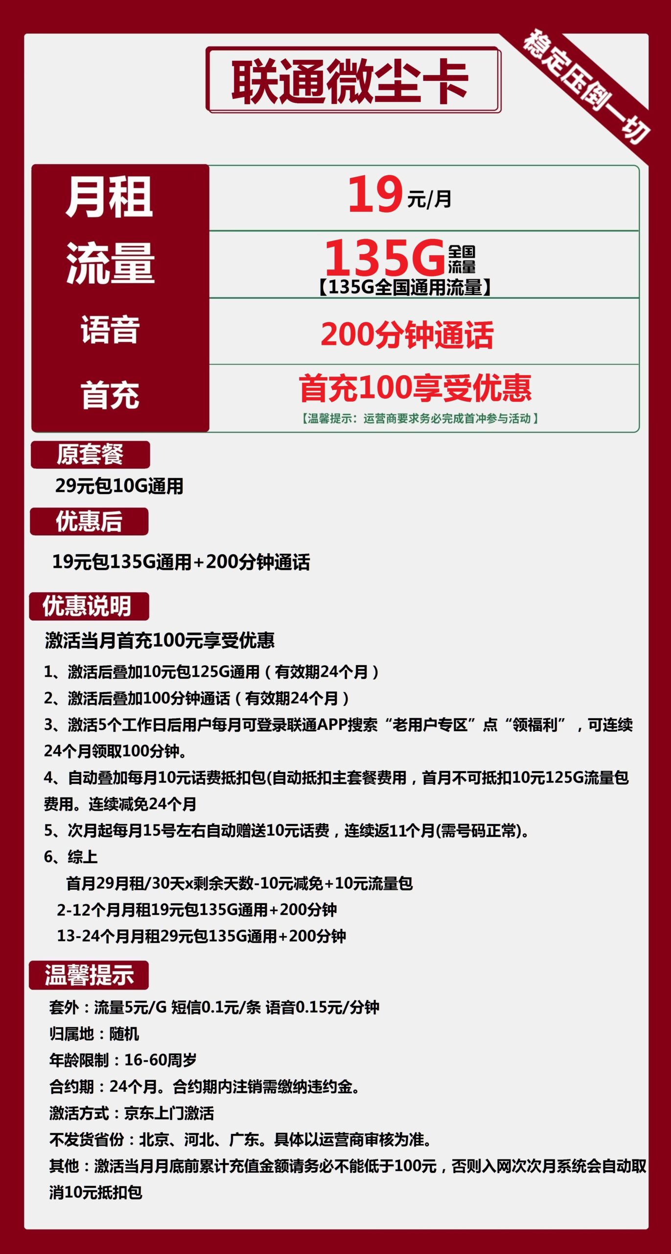 联通微尘卡19元月包135G通用流量+200分钟通话
