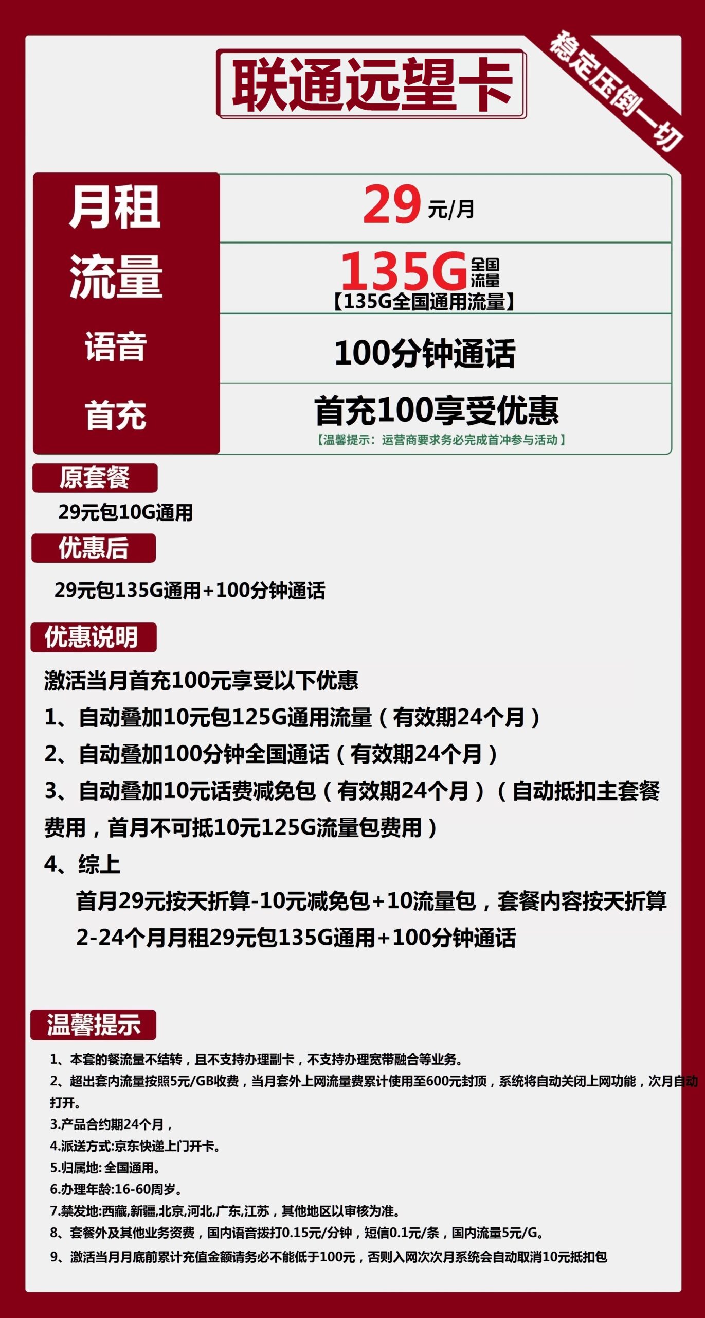 联通远望卡29元月包135G通用流量+100分钟通话