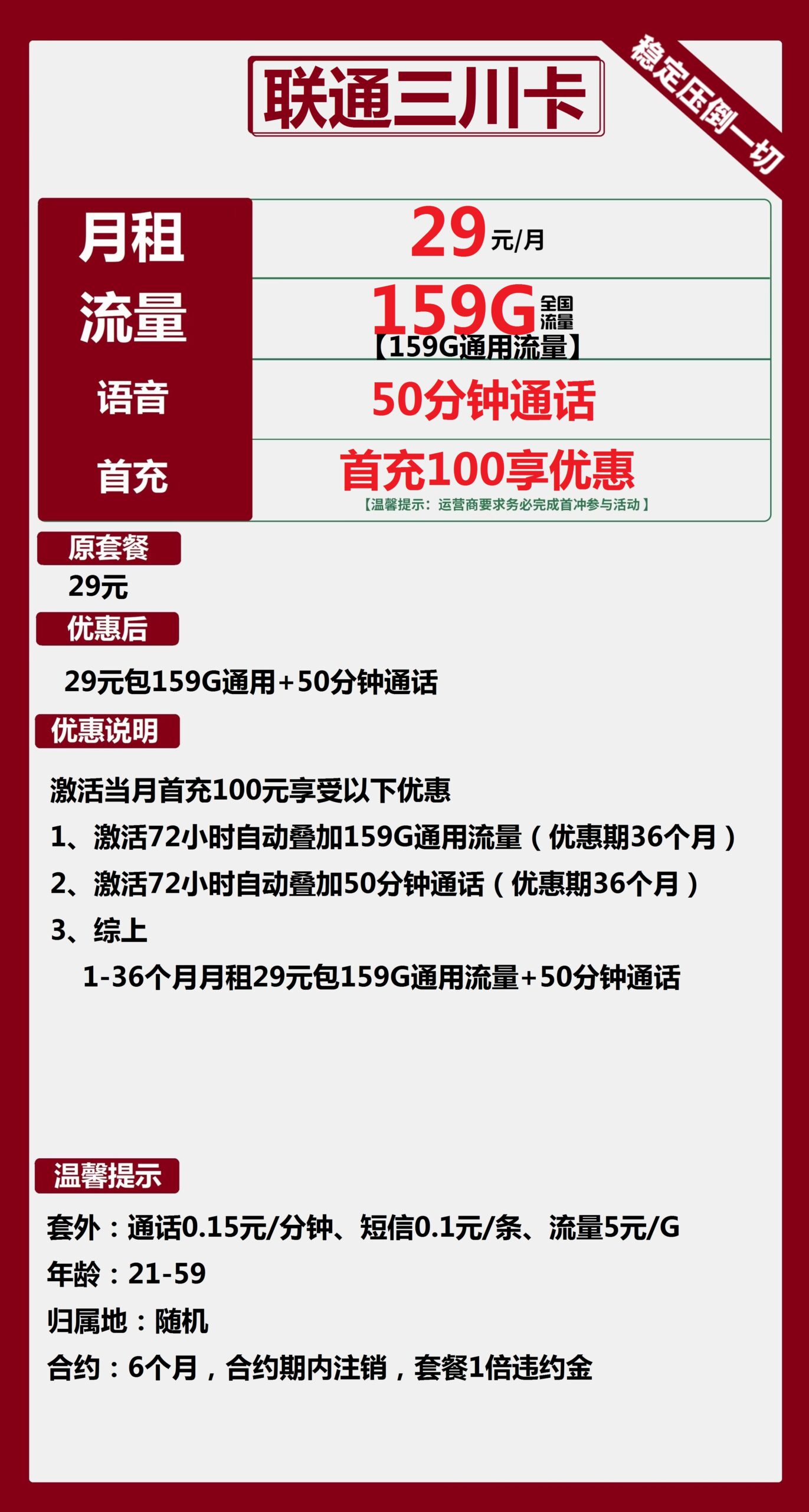 联通三川卡29元月包159G通用流量+50分钟通话