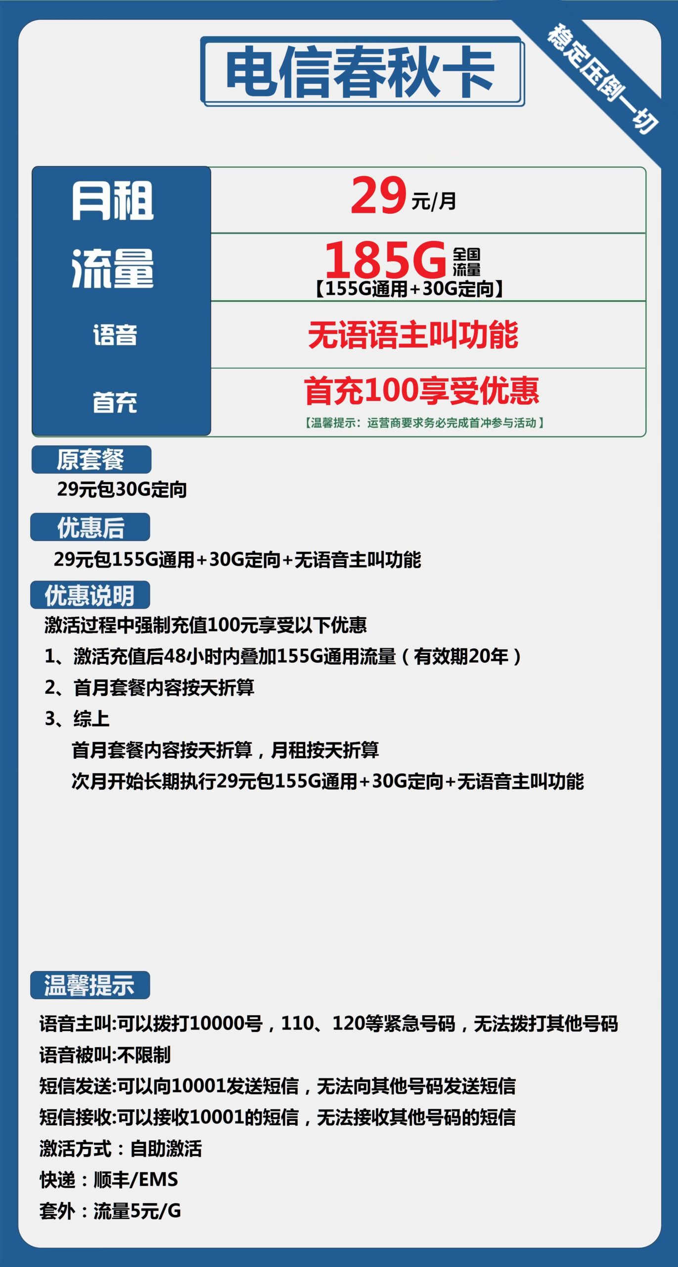 电信春秋卡29元月包155G通用流量+30G定向流量+无语语主叫功能