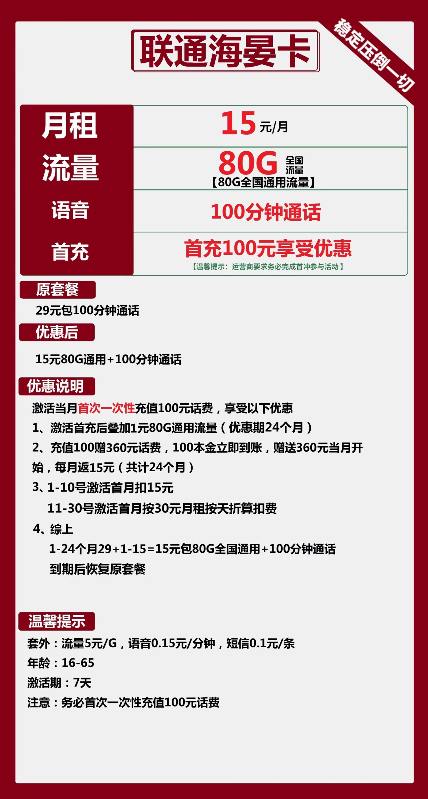 联通海晏卡15元月包80G通用流量+100分钟通话