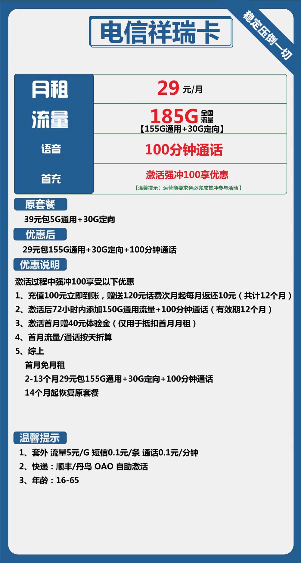电信祥瑞卡29元月包155G通用流量+30G定向流量+100分钟通话