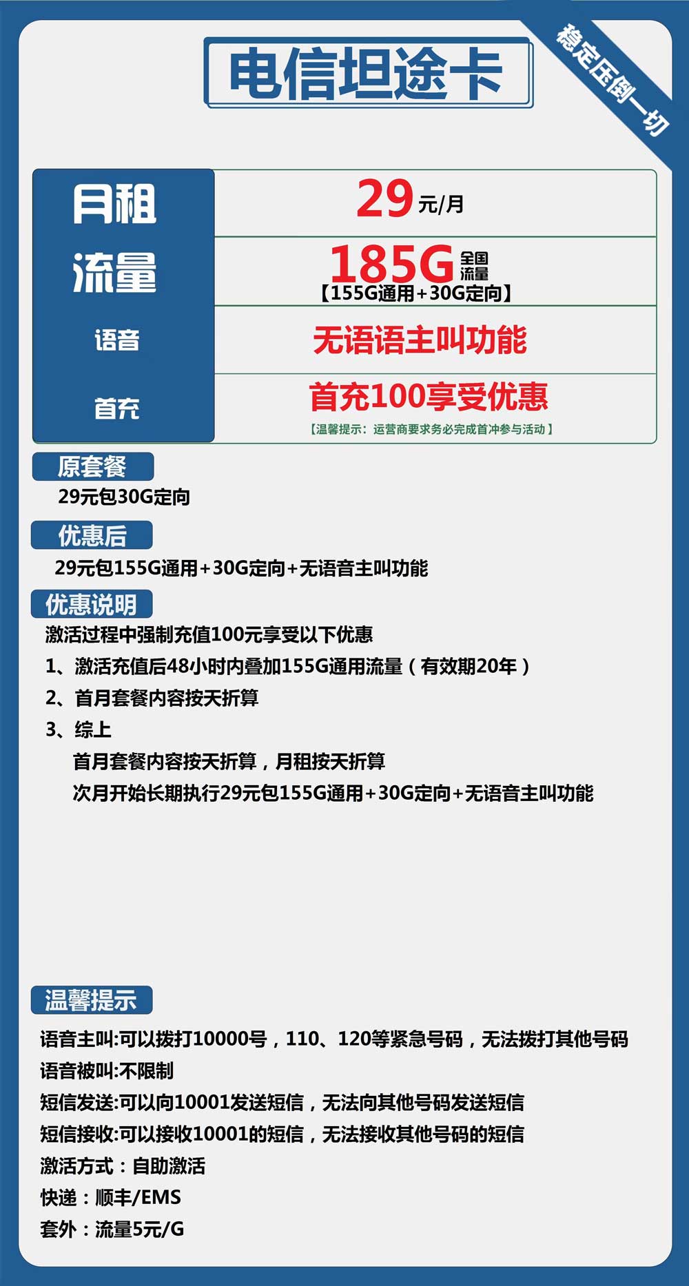 电信坦途卡29元月包155G通用流量+30G定向流量+无主叫功能