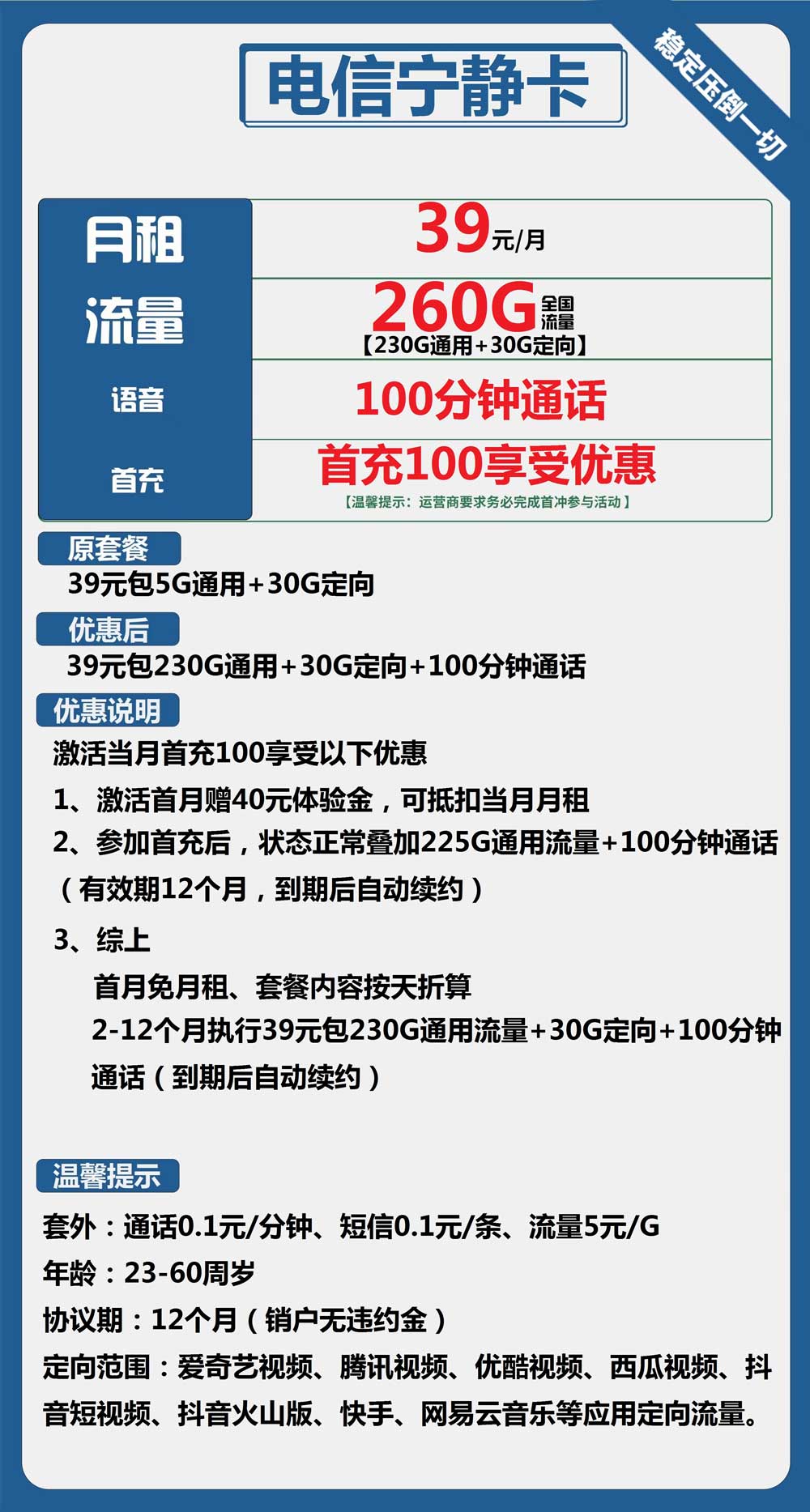 电信宁静卡39元月包230G通用流量+30G定向流量+100分钟通话