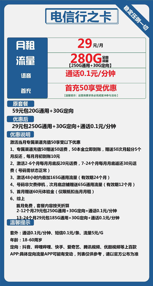 电信行之卡29元月包250G通用流量+30G定向流量+通话0.1元/分钟