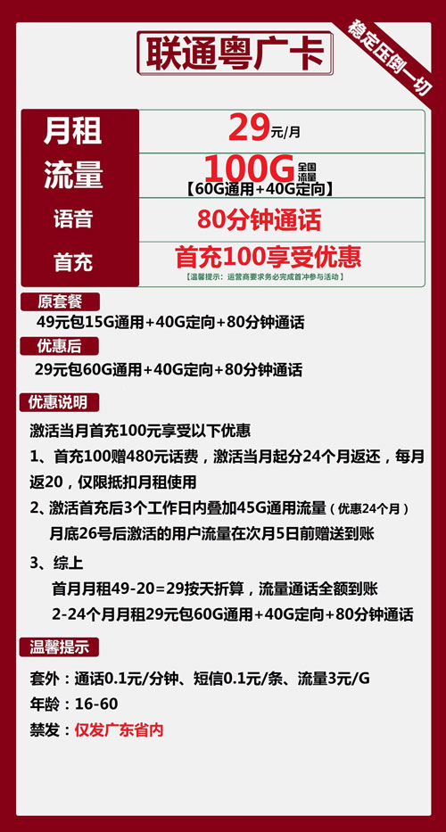 联通粤广卡29元月包60G通用流量+40G定向流量+80分钟通话