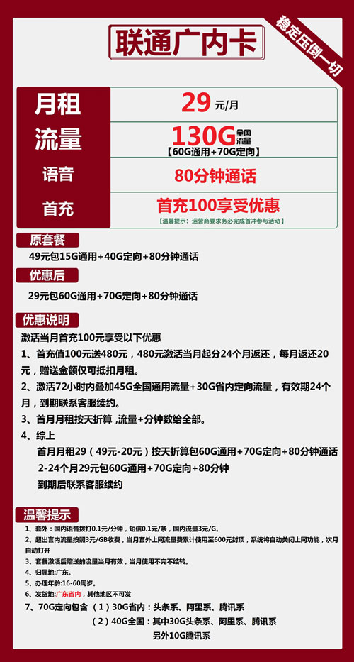 联通广内卡29元月包60G通用流量+70G定向流量+80分钟通话