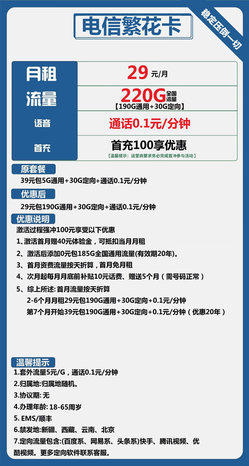 电信繁花卡29元月包190G通用流量+30G定向流量+通话0.1元/分钟