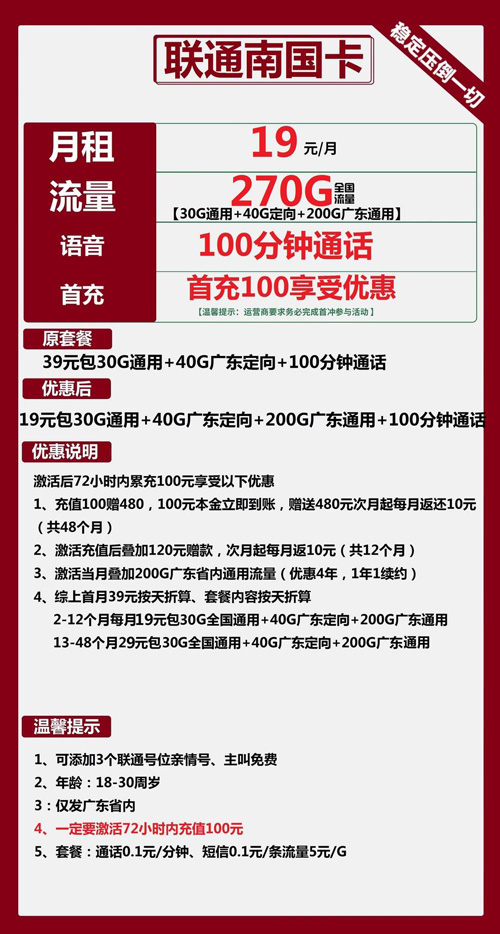 联通南国卡19元月包30全国通用+200G广东通用+40G广东定向+100分钟通话