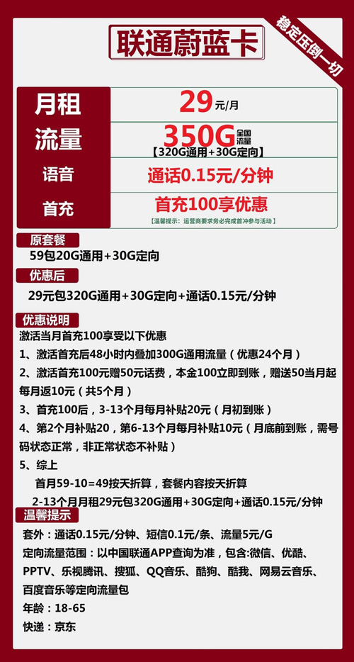 联通蔚蓝卡29元月包320G通用流量+30G定向流量+通话0.15元/分钟
