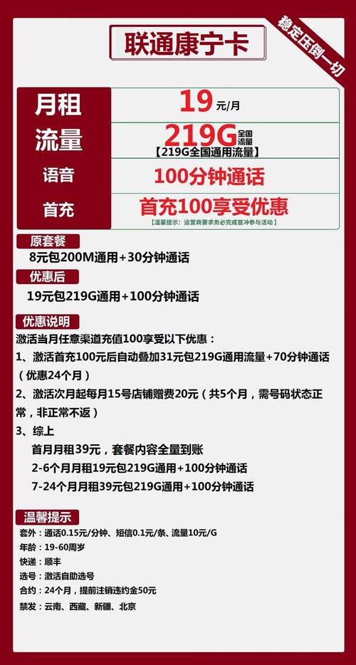 联通康宁卡19元月包219G通用流量+100分钟通话