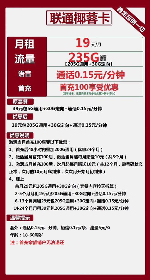 联通椰蓉卡19元月包205G通用流量+30G定向流量+通话0.15元/分钟