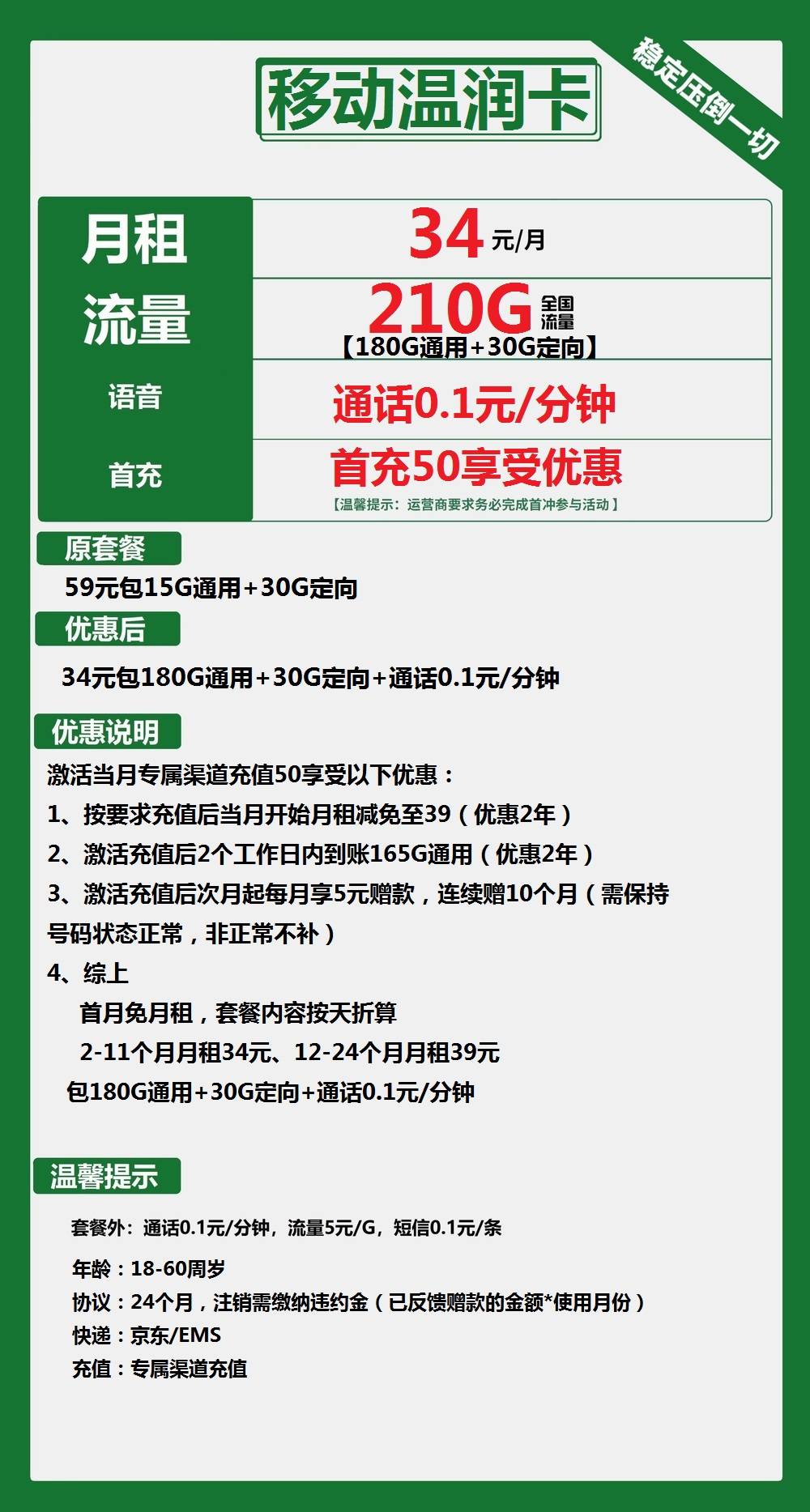 移动温润卡34元月包180G通用流量+30G定向流量+通话0.1元/分钟