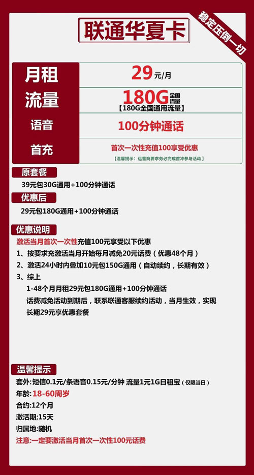 联通华夏卡29元月包180G通用流量+100分钟通话