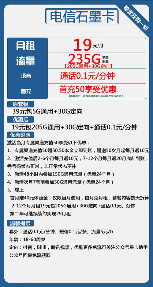 电信石墨卡19元月包205G通用流量+30G定向流量+通话0.1元/分钟