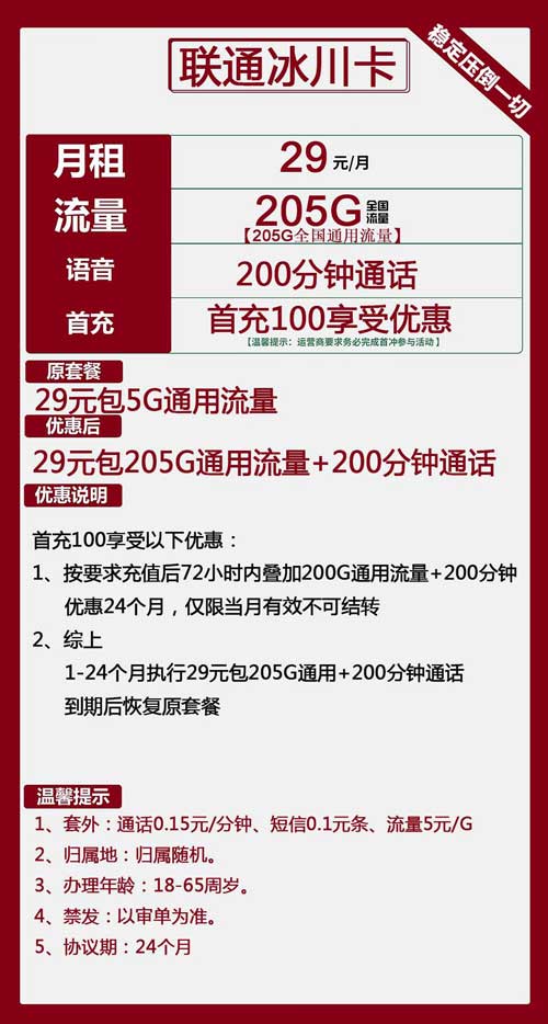 联通冰川卡29元月包205G通用流量+200分钟通话