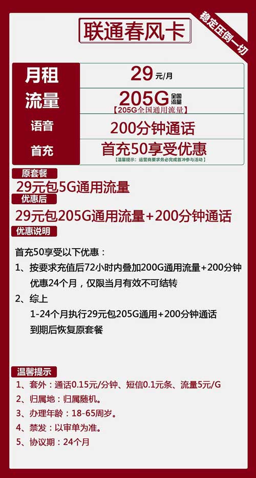 联通春风卡29元月包205G通用流量+200分钟通话