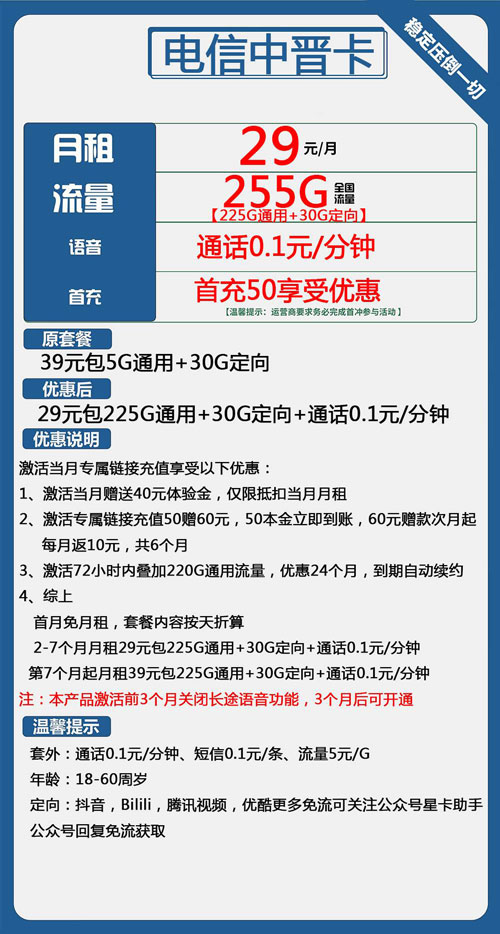 电信中晋卡29元月包225G通用流量+30G定向流量+通话0.1元/分钟
