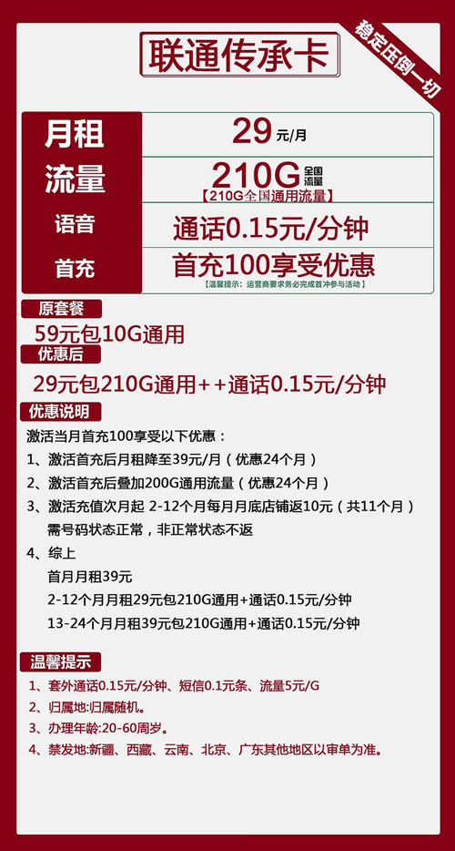 联通传承卡29元月包210G通用流量+通话0.15元/分钟