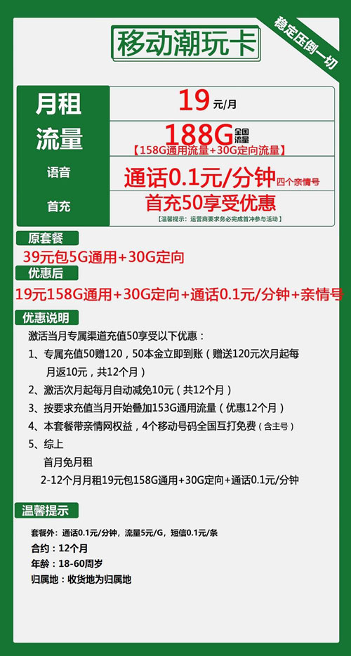 移动潮玩卡19元月包158G通用流量+30G定向流量+亲情网