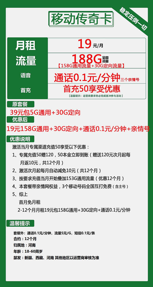 移动传奇卡19元月包158G通用流量+30G定向流量+亲情网