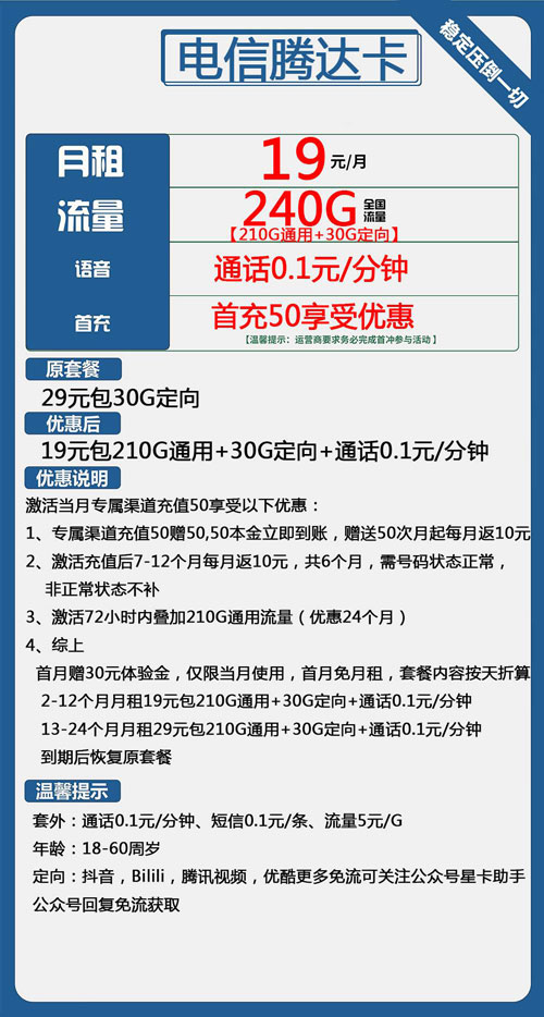 电信腾达卡19元月包210G通用流量+30G定向流量+通话0.1元/分钟