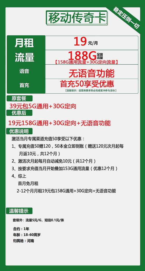 移动传奇卡19元月包158G通用流量+30G定向流量+无语音功能