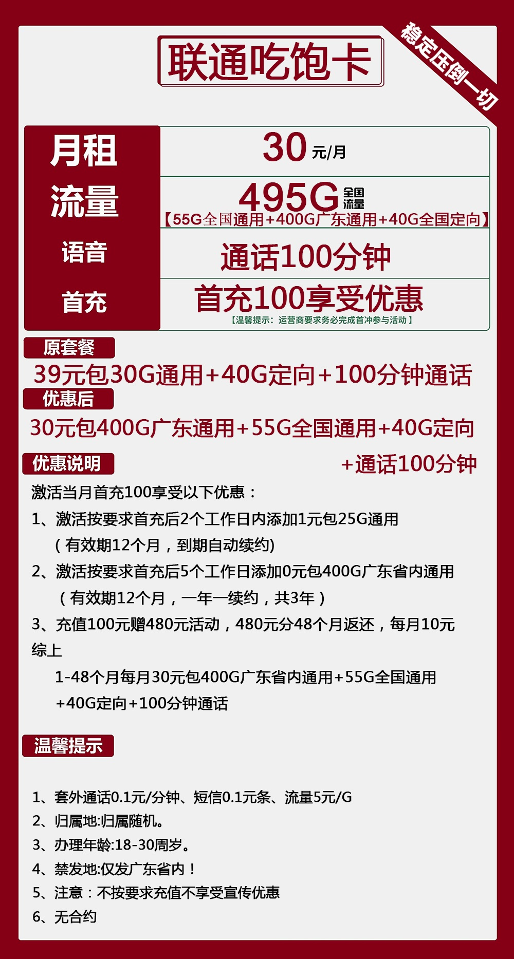 联通吃饱卡30元月包400G广东通用+55G全国通用+40G定向+100分钟通话