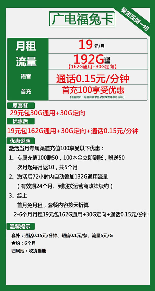 广电福兔卡19元月包162G通用流量+30G定向流量+通话0.15元/分钟